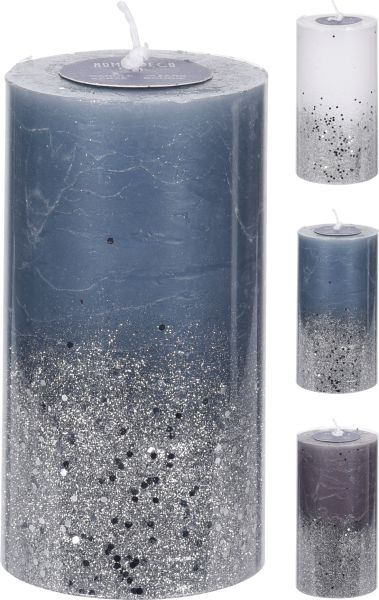 Kerze mit Glitzer - Stumpenkerze - 7x13 cm - grau, blau, weiß